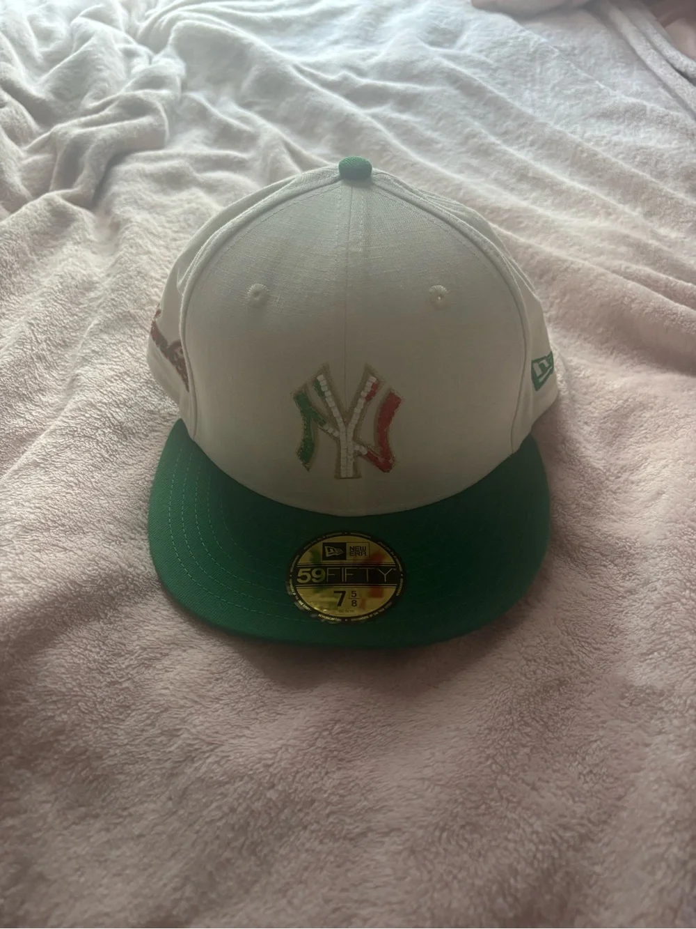 New Era White and Green NY Yankees Fitted Cap with Red Accent